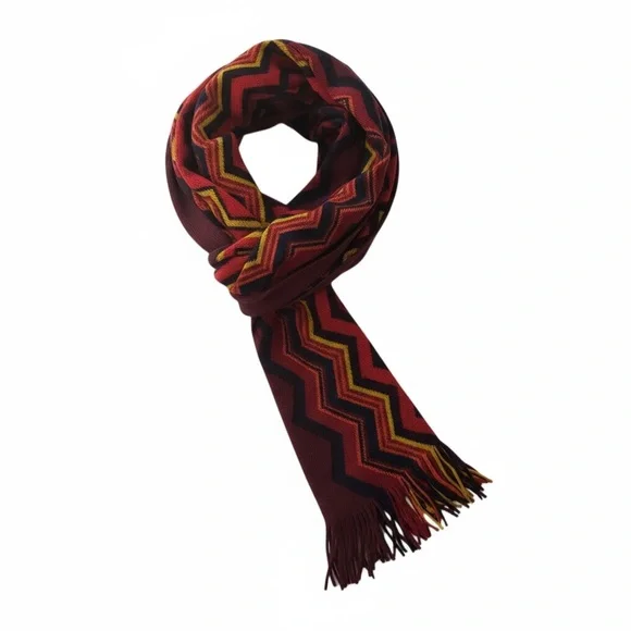 V. FRAAS 100% Cashmere Scarf Wrap Zig Zag Chevron Burgundy Red Yellow Fringe